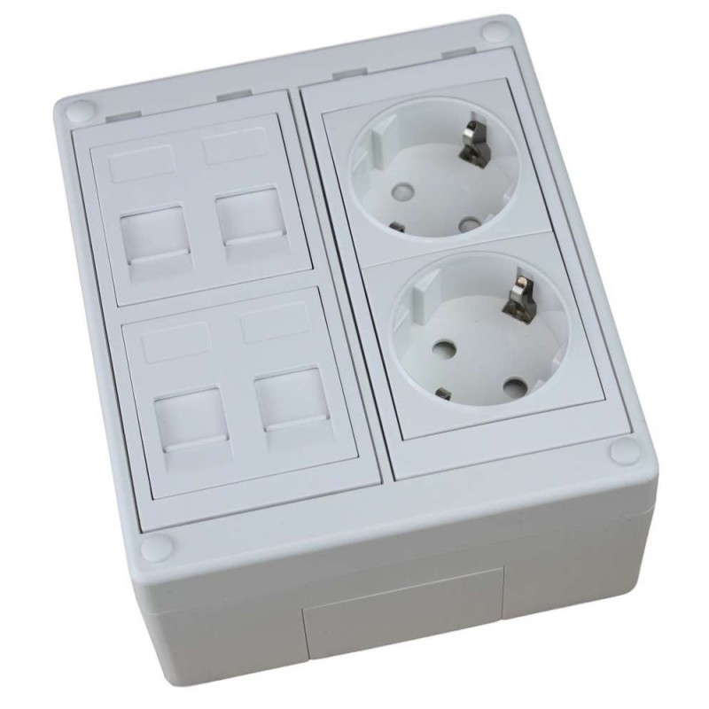 Caja de superficie 4 X Rj45 Keystone con 2 x Schuko blancos