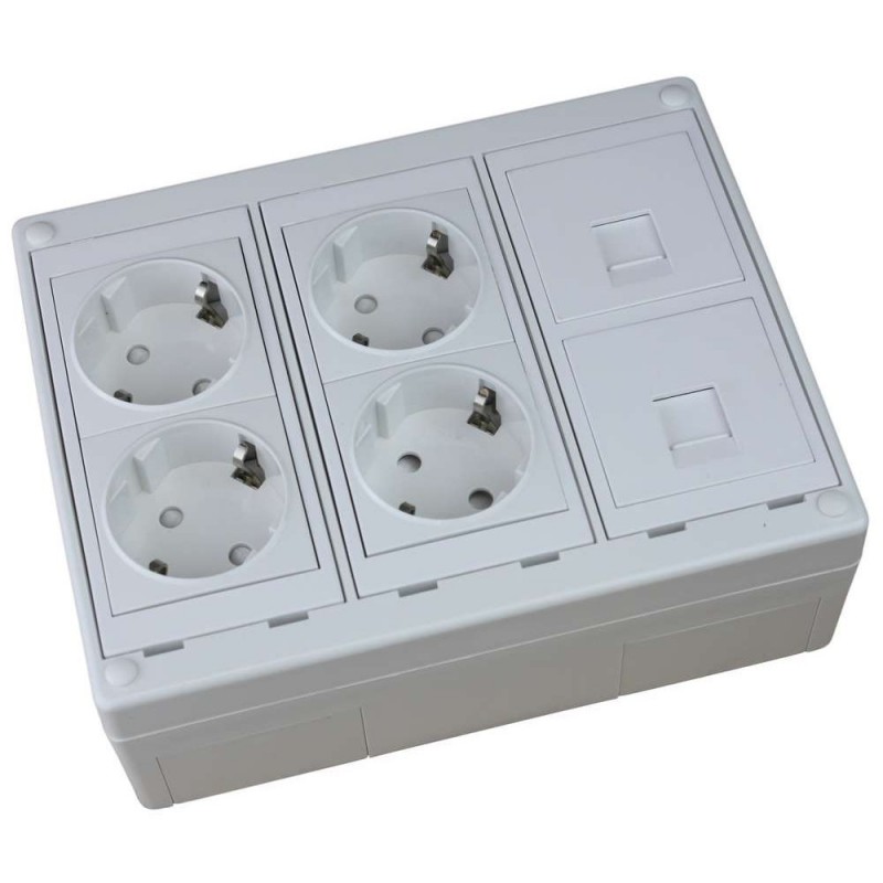 Caja de superficie 2 X Rj45 Keystone con 4 x Schuko blancos